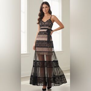 Tracy Reese Romantic Black Tiered Lace Maxi Dress